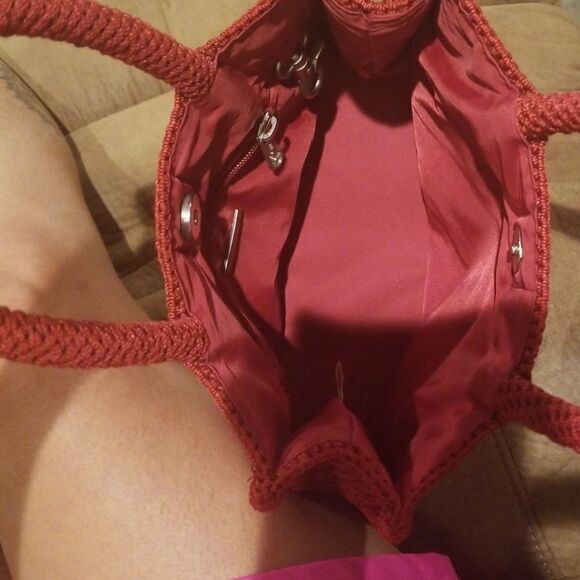 SAK Red Woven Satchel Bag Red Nylon Fob and Key Clasp - Picture 9 of 9